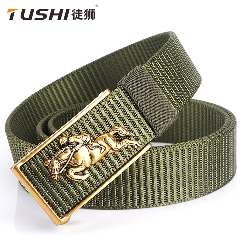 TUSHI 2021 Hot Sale High-grade Men Belt 120cm*3.4cm Nylon Weave Business Male Waistband Metal Automatic Buckle Girdle for Jeans