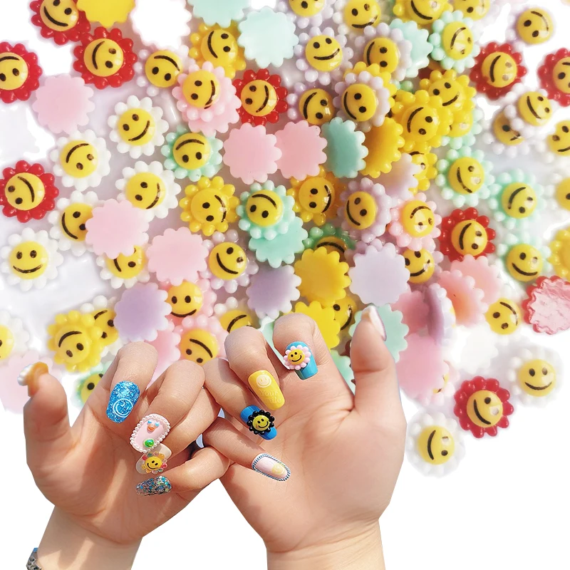 

50Pc-Sunflower Smiley-Face Nail Charms,White/Pink/Red/Yellow/Blue/Purple Resin Nail Decorations Charms Gem,Nail Rhinestones*11Mm