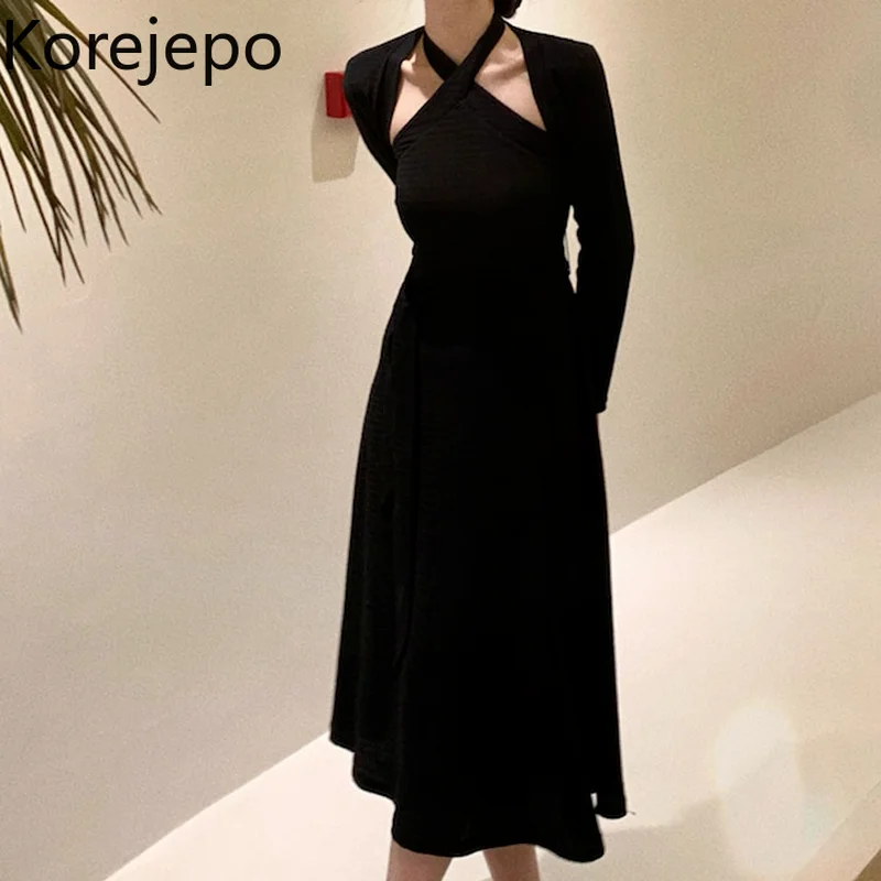 

Женское трикотажное платье кореjepo, Новинка осени 2021, французское пикантное Элегантное Черное женское платье с длинным рукавом и лямкой на ш...