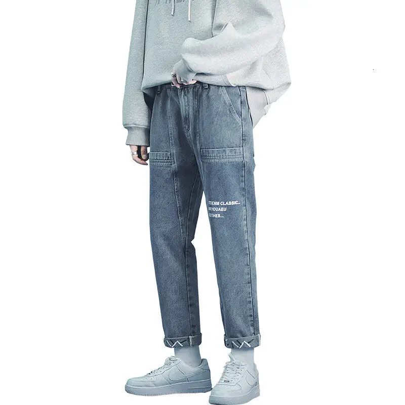 

Jeans Men's Loose Cotton Washed Overalls Casual Denim Trousers Printed Letters Straight Wide-leg Jeans Hip-hop Autumn Winter