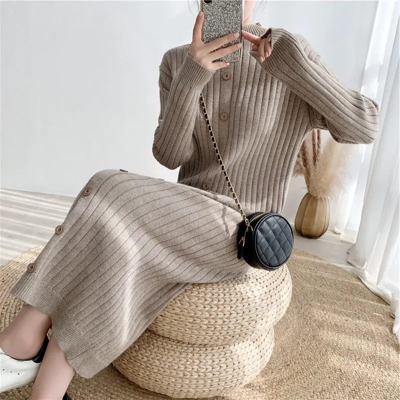 

Ladies Elegant Half-high Neck Knitted Midi Dresses Sweater Bag Hip Skirt Female Single-breasted Decorative Inner Casual Dress