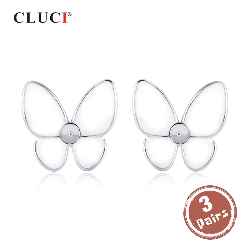 

CLUCI 3 pair Silver 925 Cute Butterfly Earrings for Women Wedding Sterling Silver Classic Pearl Ring Mounting Jewelry SE159SB