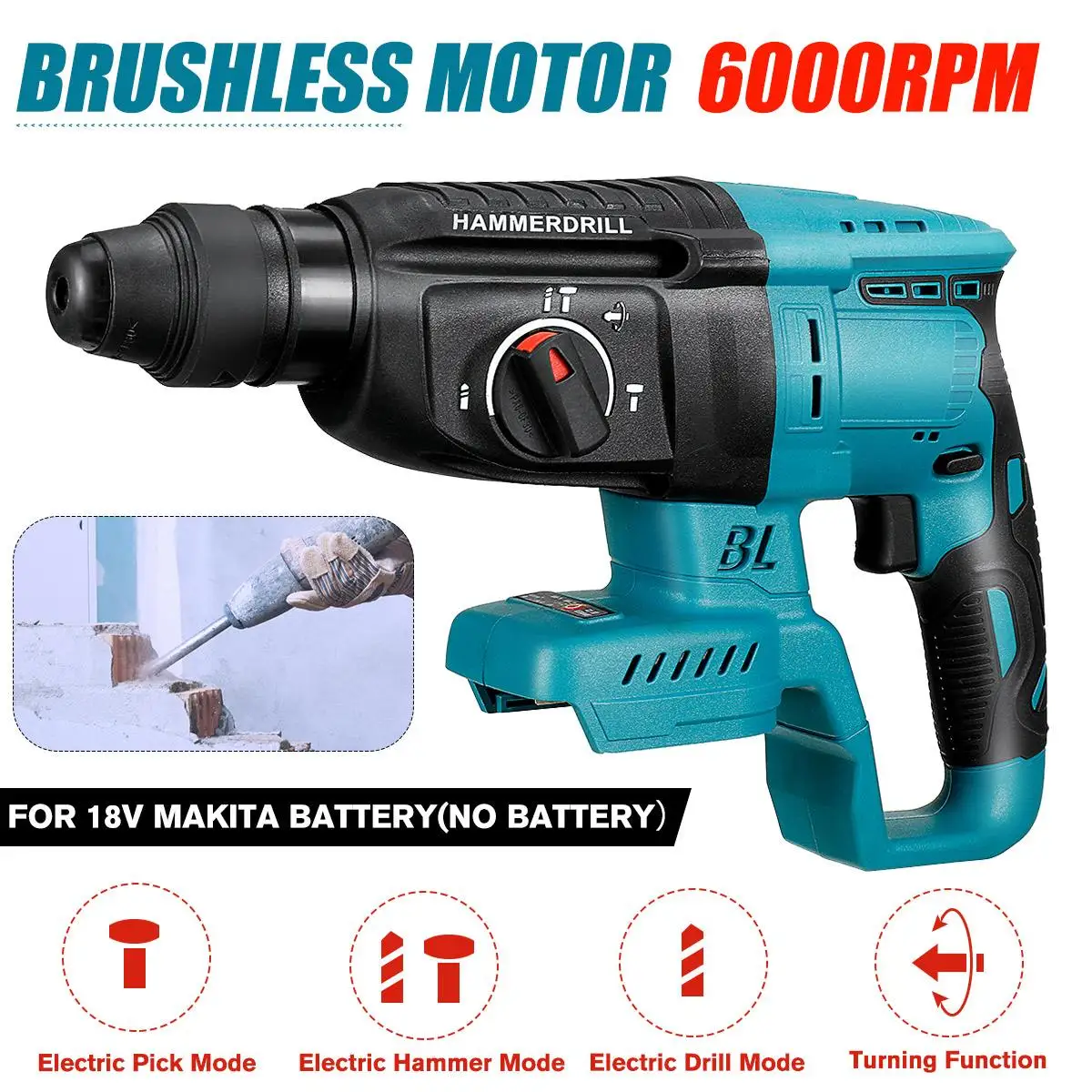 

Drillpro 18V Rechargeable Brushless Cordless Rotary Hammer Drill Electric Hammer Impact Drill Power Tool for Makita 18V Battery