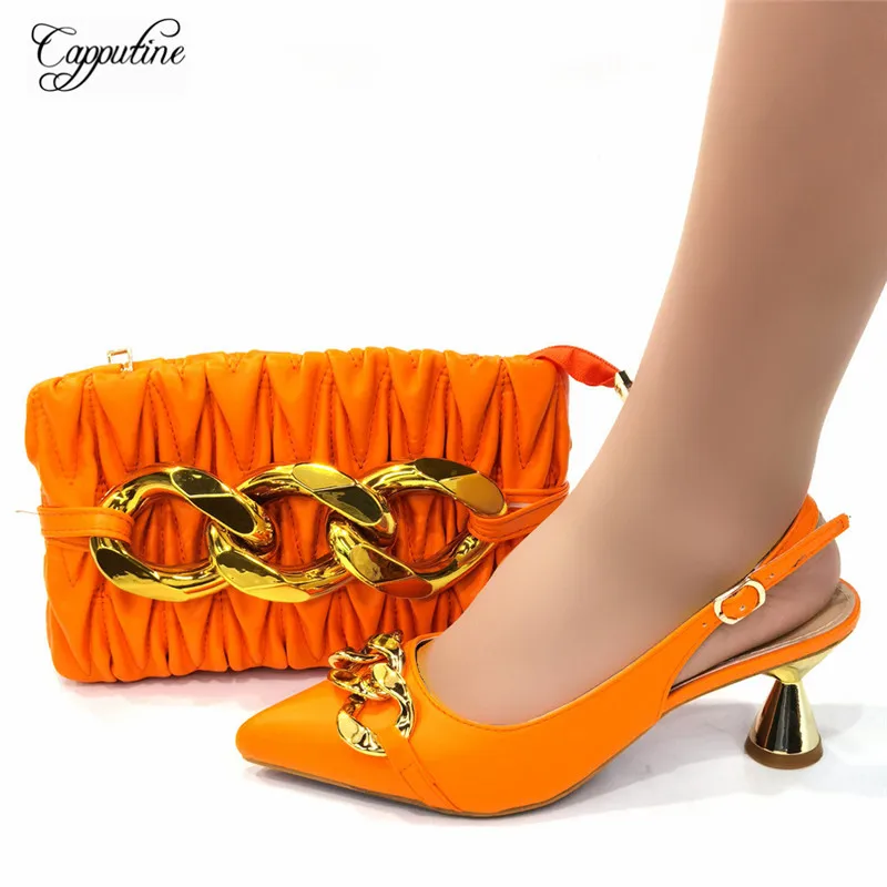 

2022 Orange Woman Shoes Matching With Purse Bag Set African Ladies High Heels Pumps And Handbag Clutch Escarpins Femme CR785 6CM