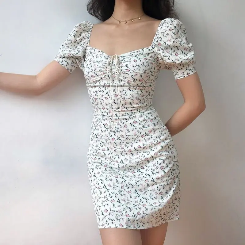 

QWEEK Floral Print Dress Women Summer 2021 Fashion Puff Sleeve Sloral Dress Boho Square Collar White Wrap Dress Sexy Mini Korean