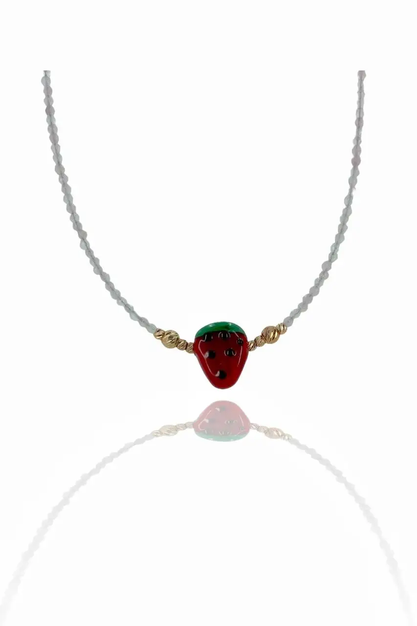 

Pink Quartz Stone Glass Art Strawberry 925 Silver Necklace