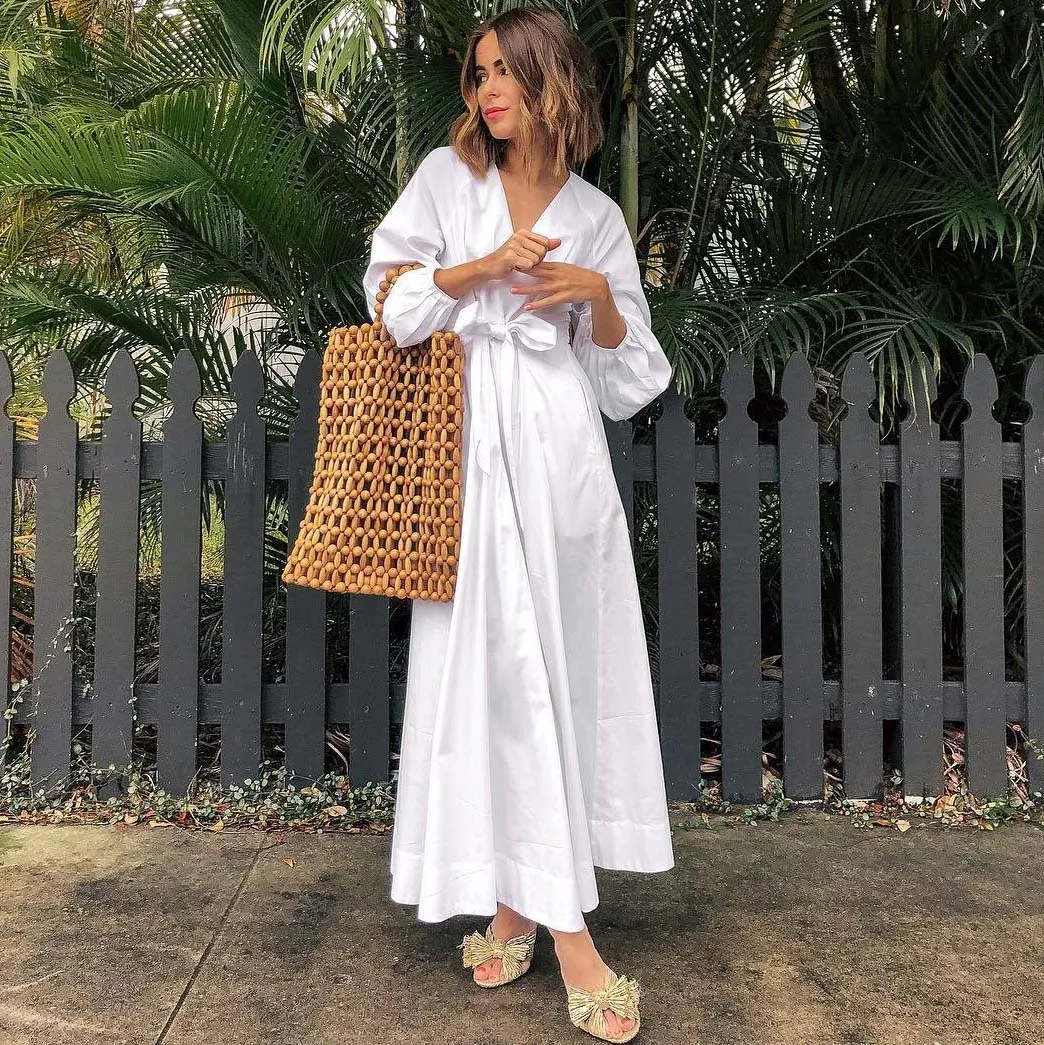 Винтажные белые богемные макси платья с длинным рукавом для женщин свободные