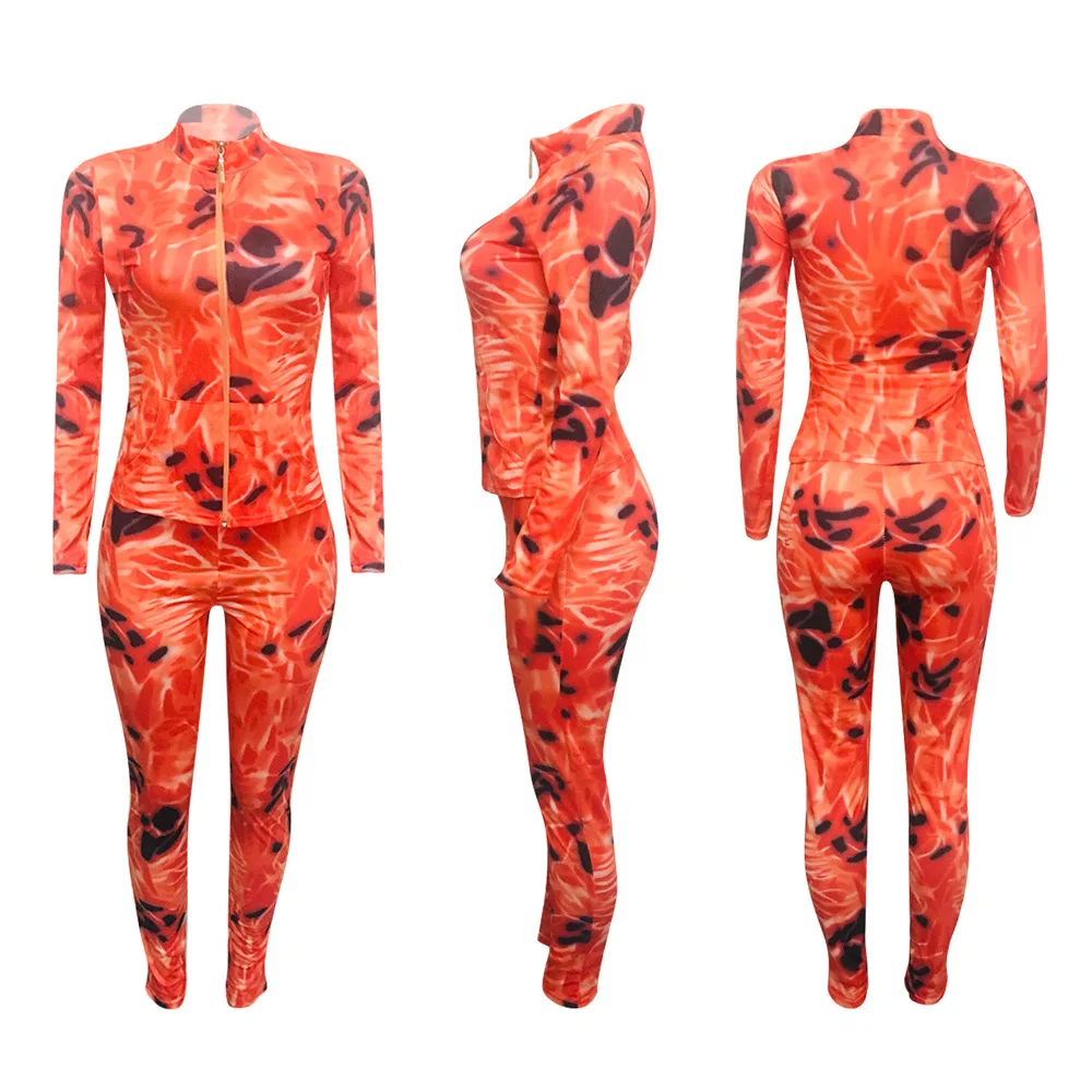 

Tie Dye Print Long Sleeve Zipper Slim Tops and Sporty Skinny Leggings Autumn Casual Women Two Piece Tracksuit Hip Hop Sweatsuit