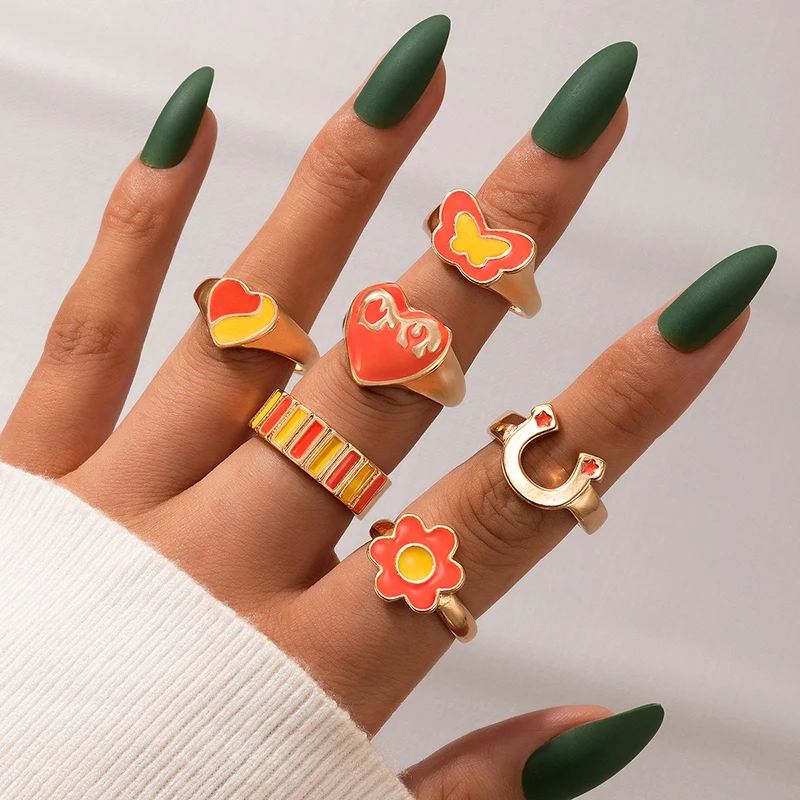 

Tocona 6pcs/sets Colorful Heart Butterfly Ring Sets for Women Girls New Trendy Star Geometry Alloy Metal Party Jewelry 20690