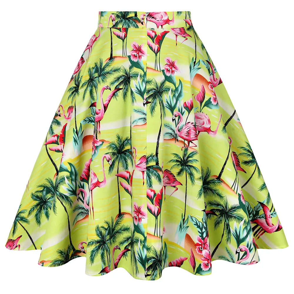 

50s 60s retro swing skirts womens jupe femme vd0020 summer yellow flamingo floral print female skirt Mujer Falads