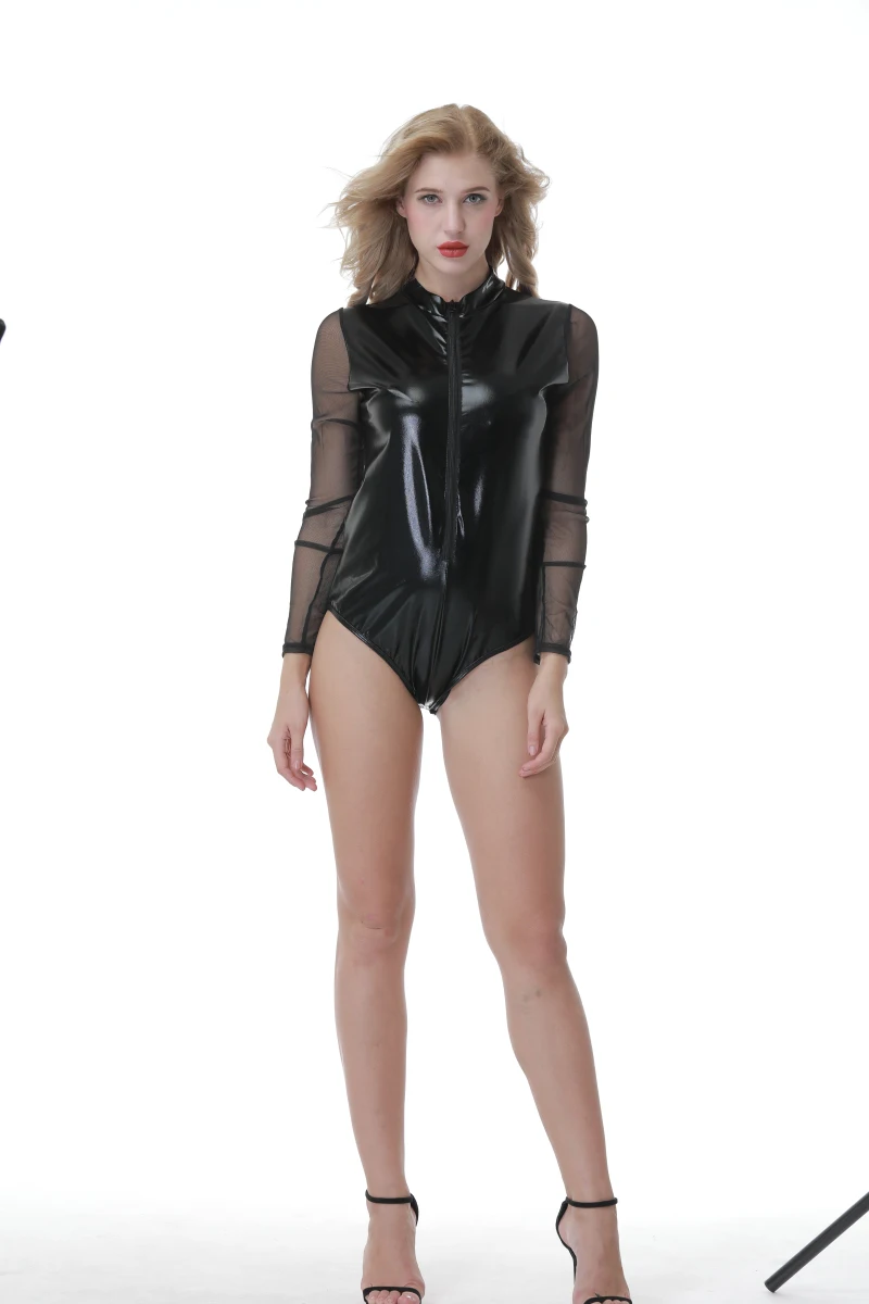 Пикантный женский комбинезон из лакированной кожи Модный облегающий черный
