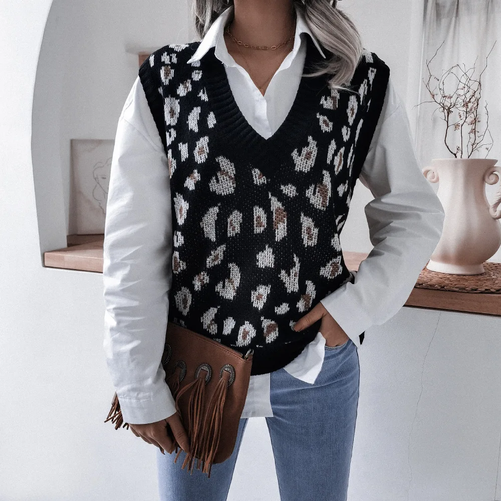 

Fanco Casual Leopard V-Neck Knitted Vest Sweater Women 2021 Spring Loose Sleeveless Pullover Vintage Loose Waistcoat Oversized