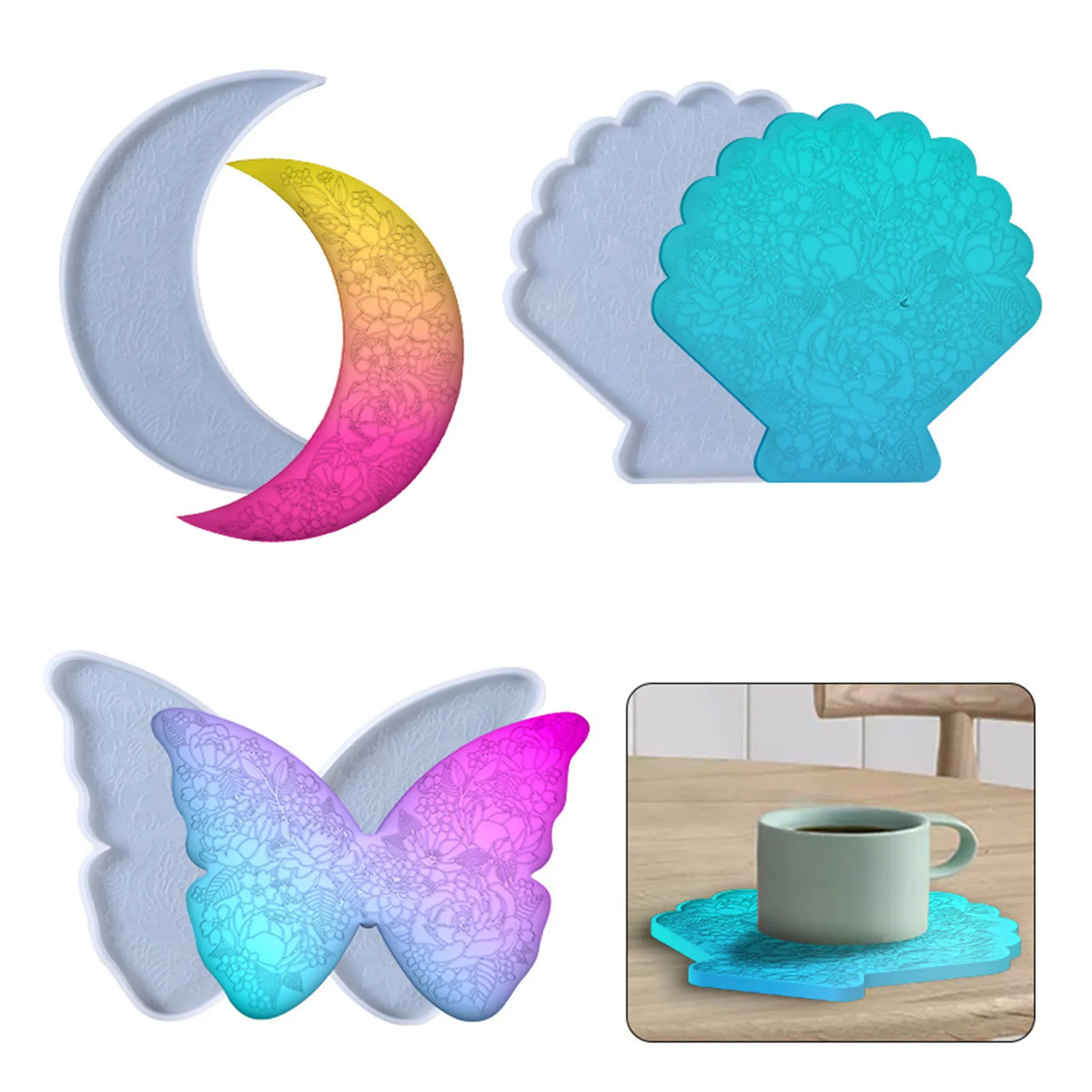 

Moon/Butterfly/Shell Carved Flower Coaster Epoxy Resin Mold Cup Mat Cast Silicone Mould DIY Crafts Jewelry Placement Plate