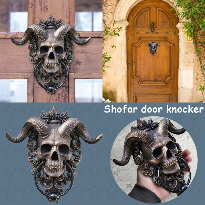 

Horned Skull Hanging Door Knocker retro Skeleton Head Art Door Ring Home Decoration Resin Craft Decorative Door Handle Ring