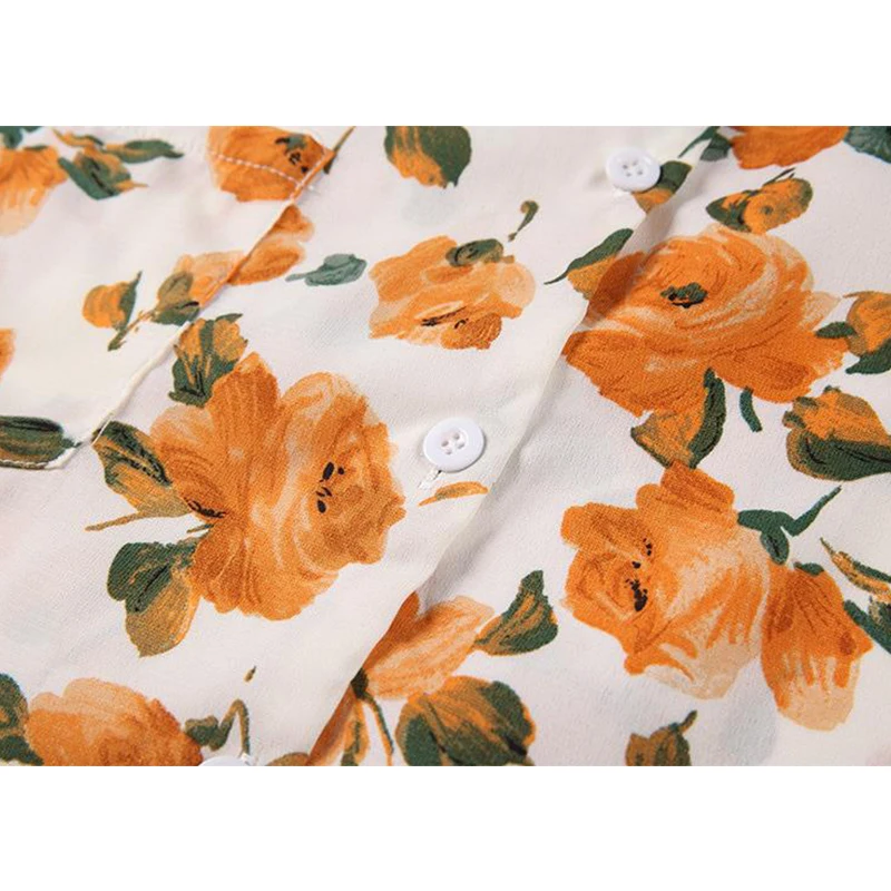 

Frence Style Vintage Rose Printed Short Sleeve Women Shirts Turn Down Collar Blouse 2021 Summer Vintage Casual Blouse Female