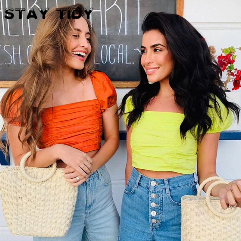 Оставайтесь аккуратными милые Ruched пикантные Топы 2019 летние женские с квадратным