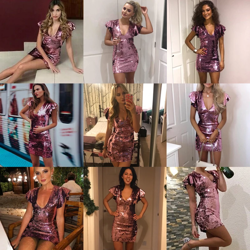 Элегантное Сверкающее розовое платье с блестками и рюшами сексуальное