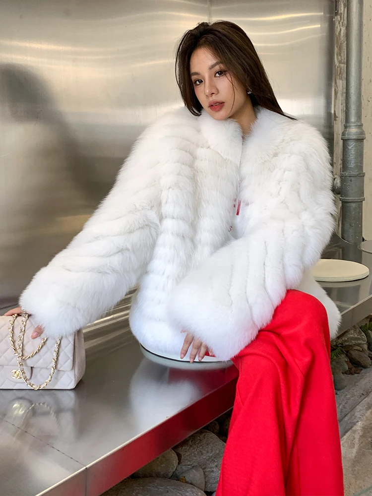 Fashion White Real Fox Fur Coat Stand Collar Winter New Whole Skin Genuine Fox Fur Jacket Luxury Woman Thick Warm Fur Overcoats