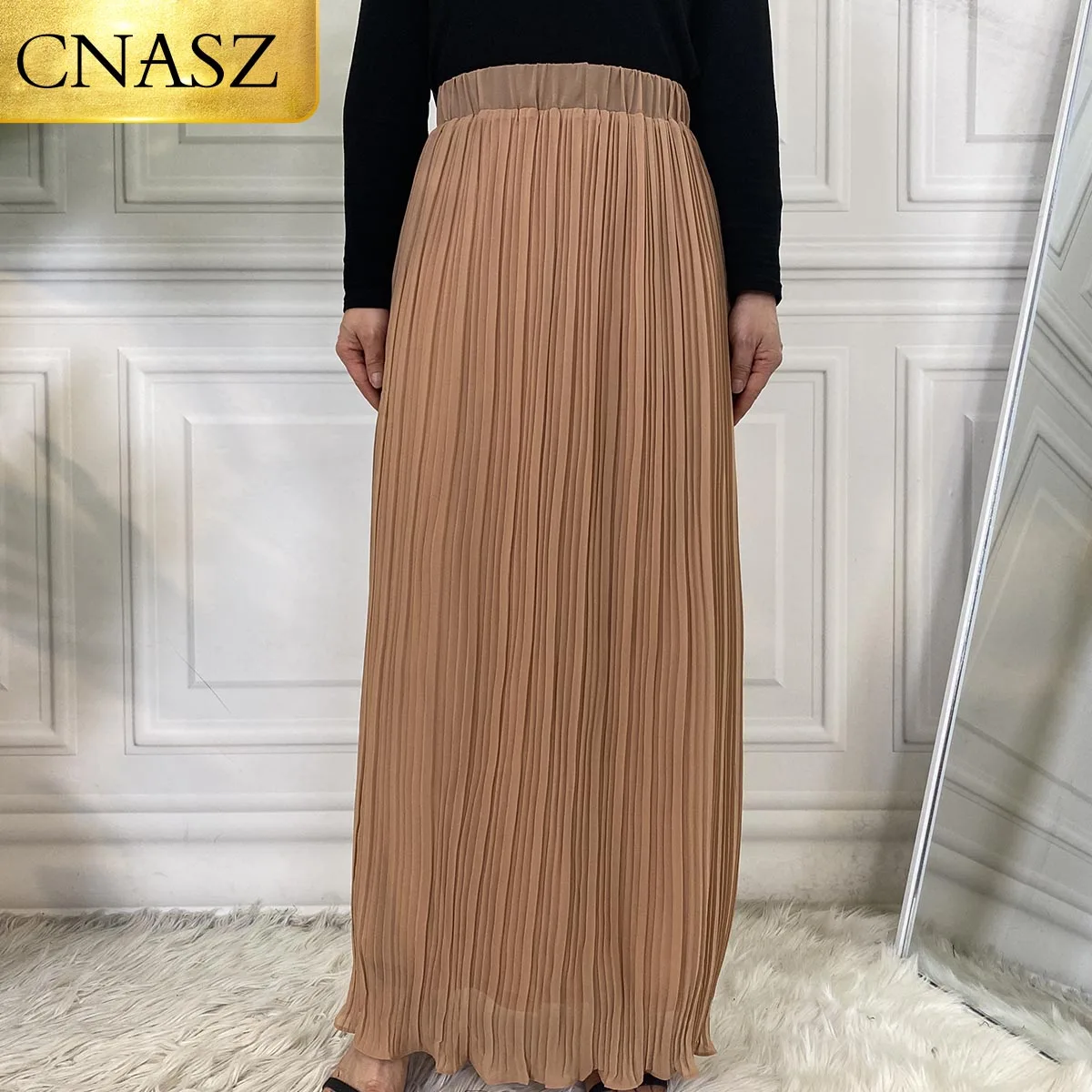 

2021 Latest Fashion Plain Pencil Pleat Skirt Muslim Women Chiffon Pleated Khaki Skirt Middle East Islamic Skirt Dubai Turkey