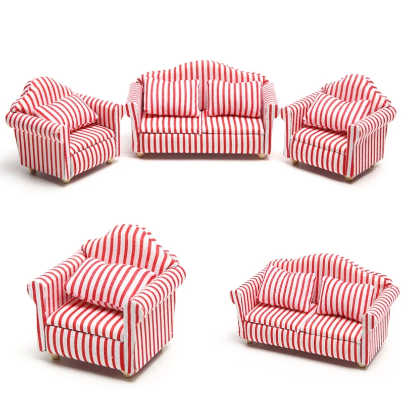 

1/12 Scale Dollhouse Accessories Stripe Pattern Mini Furniture Sofa with Back Cushions