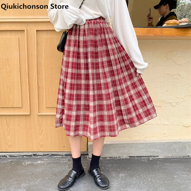 

Qiukichonson Spring Summer Women Midi Long Plaid Skirts Vintage Preppy Style Teen Girls Elastic High Waist A-Line Pleated Skirt
