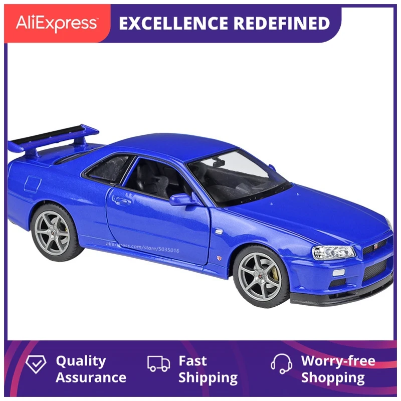 

Модель автомобиля Nissan Skyline Gt-R R34 из сплава в масштабе 1:24, декоративная коллекция, игрушечные инструменты, подарок