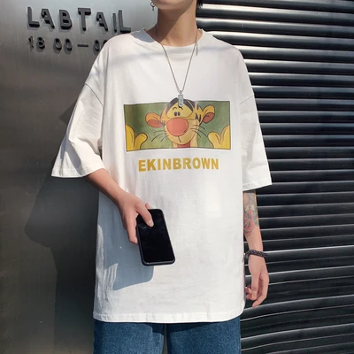 

han Men's summer short-sleeved t-shirt trend wild loose large size youth cartoon print T-shirt