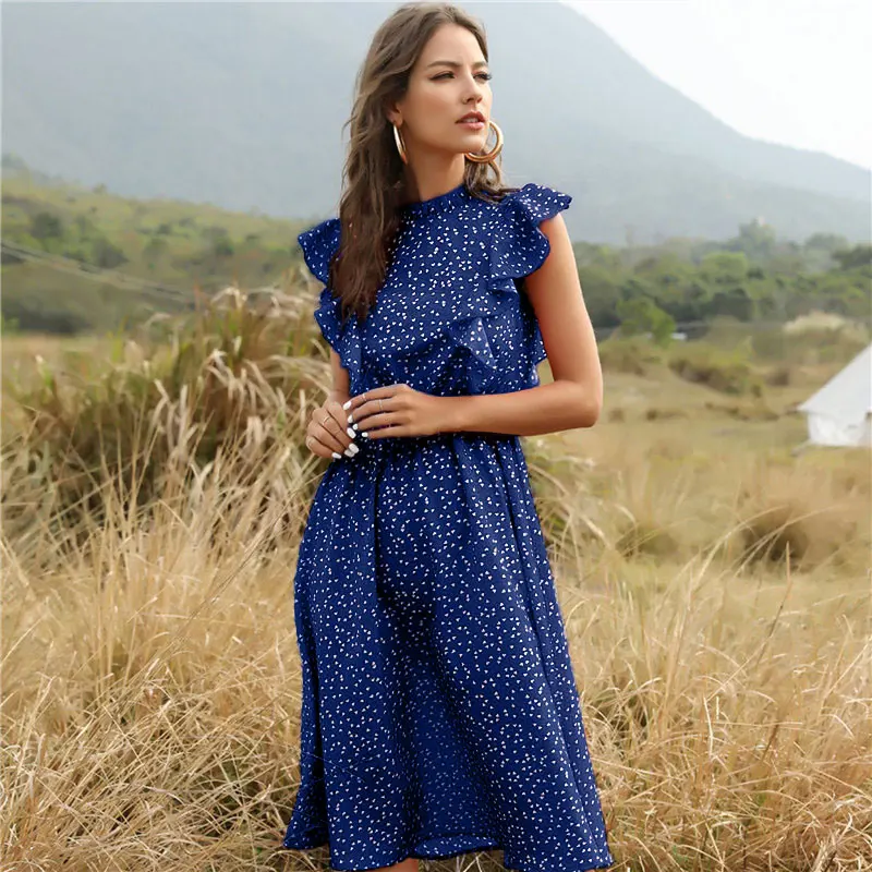 

Summer Ladies Elegant Heart Dot Print Dress Women 2021 New Butterfly Sleeve Ruffles Medium Long Vacation Dress Blue Black Red