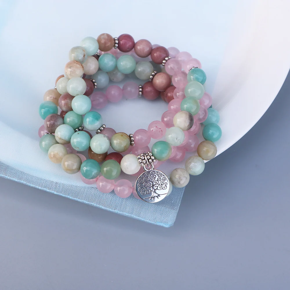 Тренд Йога Для женщин браслет с цветком лотоса 108 бусин мала 8 мм амазонит камень
