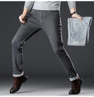 2021 winter warm jeans casual fleece jeans men elasticity ean slim fit stretch thick velvet pants black grey blue jeans