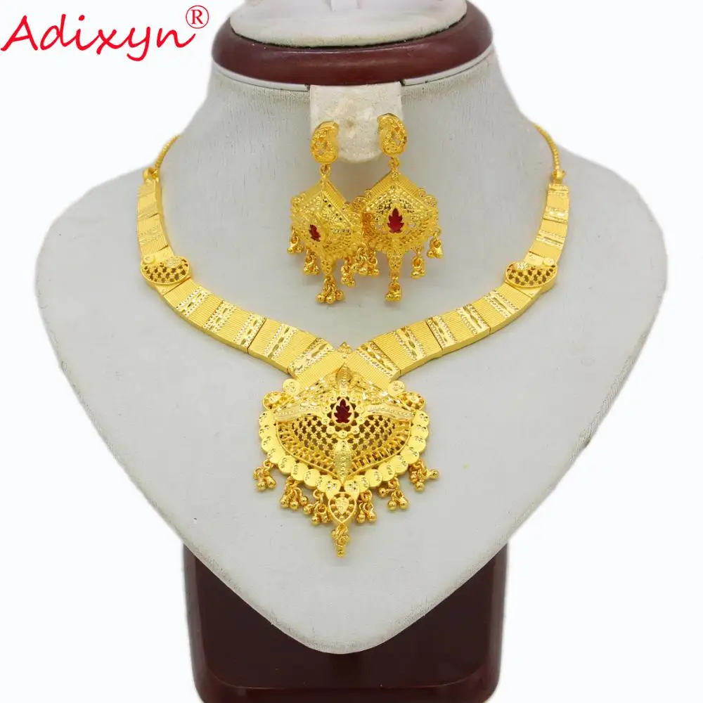 Adixyn Gold Color Necklace/ Drop Earrings Jewelry Set Red Corundum Cubic Zirconia African Trendy Women Engagement Gifts N11024