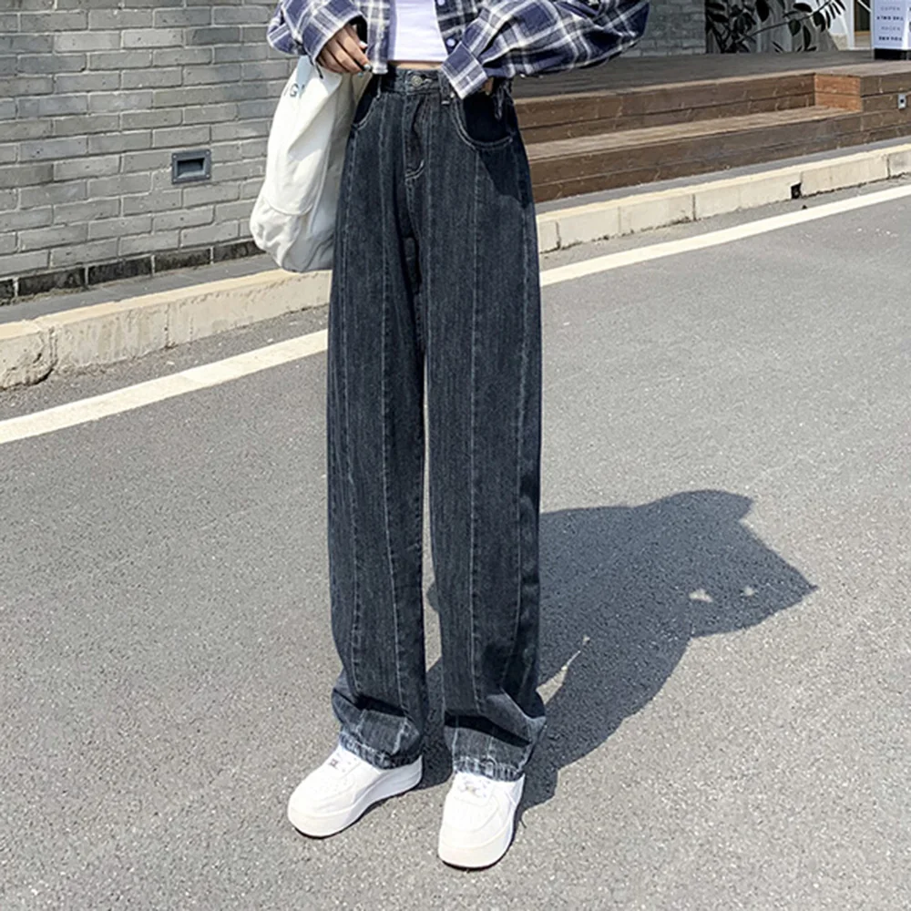 

Новинка осени 2021, повседневные женские джинсы в стиле ретро, простые корейские модные прямые широкие джинсы серого и синего цвета с высокой ...