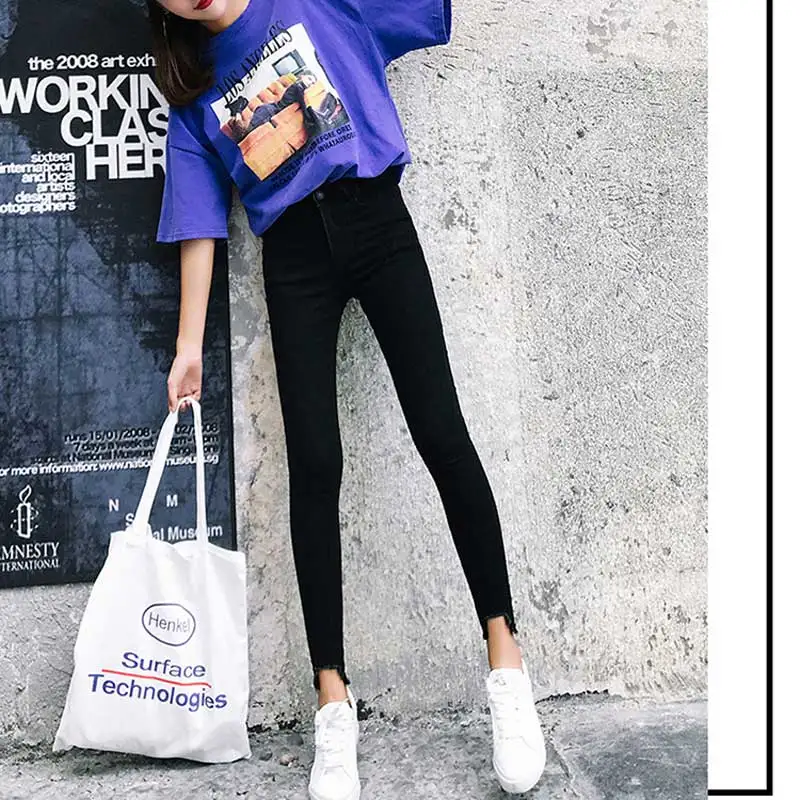 Серые джинсы женские 2019 новые корейские с высокой талией эластичные тонкие и