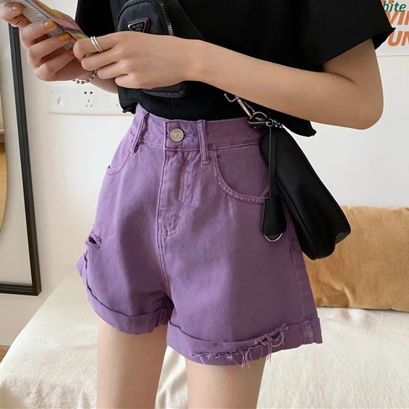 

2021 New Summer Purple Denim Shorts For Women High Waisted Cotton Pink Jeans Shorts Women Denim Hight Waist Short Pants Women