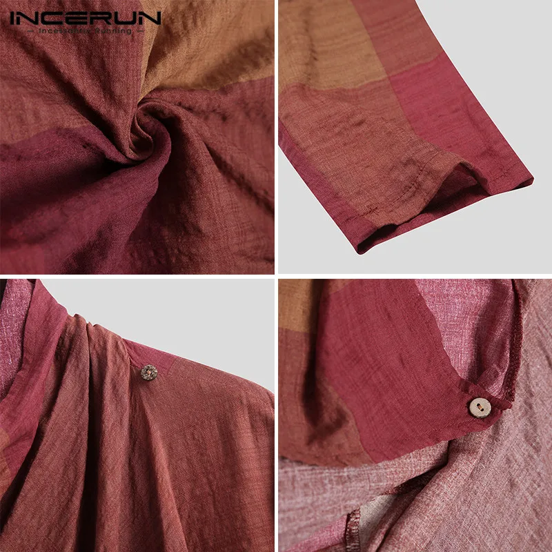 

Men Coats Scarf Collar Plaid Casual Long Sleeve Trench Vintage Ponchos 2021 Cotton Streetwear Irregular Outerwear INCERUN S-3XL