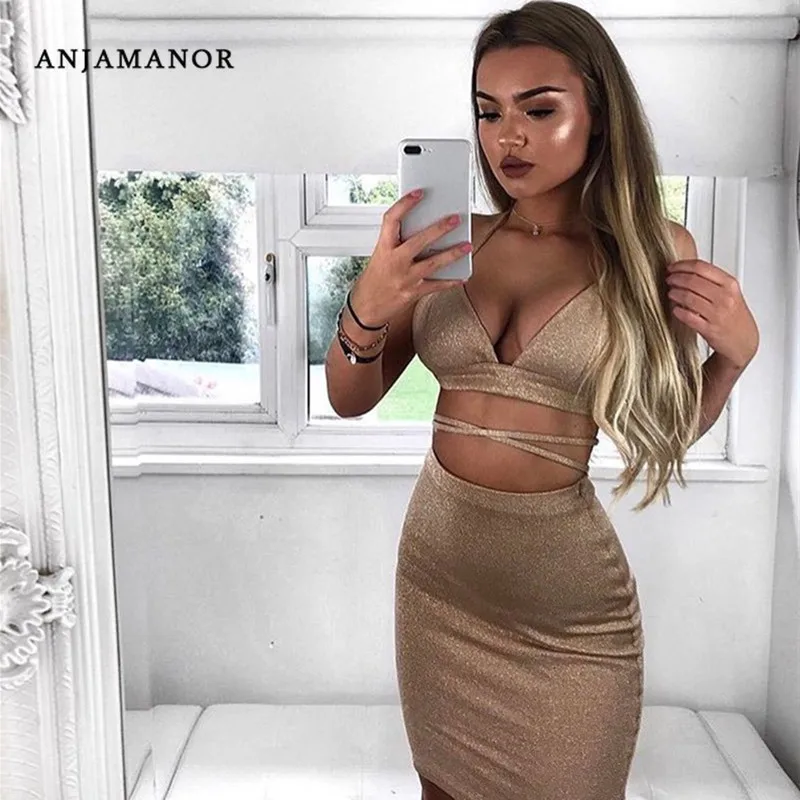 ANJAMANOR, сексуальный комплект из 2 предметов с блестками, женский короткий топ и юбка, Клубные наряды,, летнее сексуальное платье, бандажный комплект, D32-AZ03