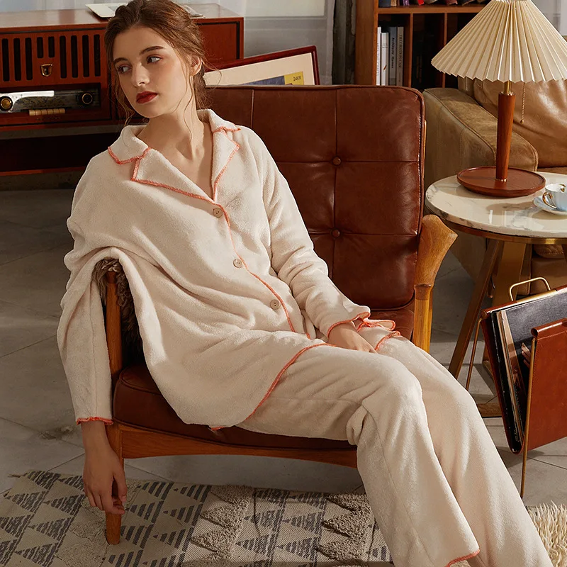 

Wasteheart New Khaki Winter Women's Sleep Nightwear Suits Pajama Sets Sleepwear Suits Flannel Plus Size Nightgown 2 Pieces S M L
