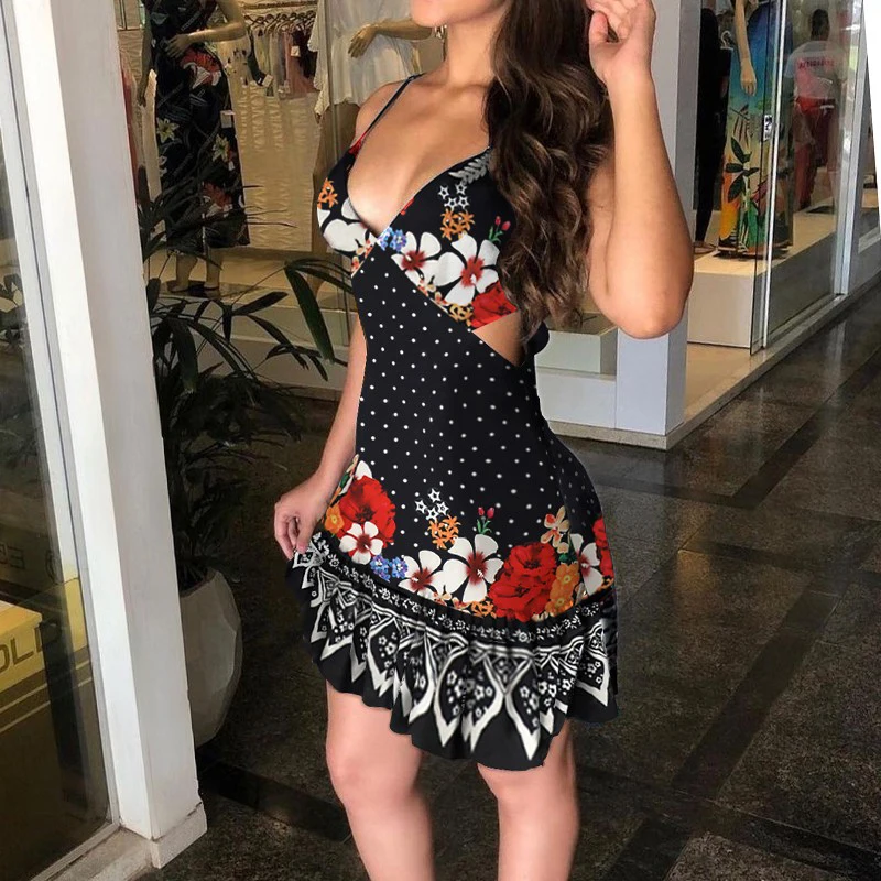 

Sexy V-Neck Sling Party Dress Summer Women Vintage Print Ruffle Mini Dress Fashion Elegant Hollow Out Lady Beach Dress Vestidos