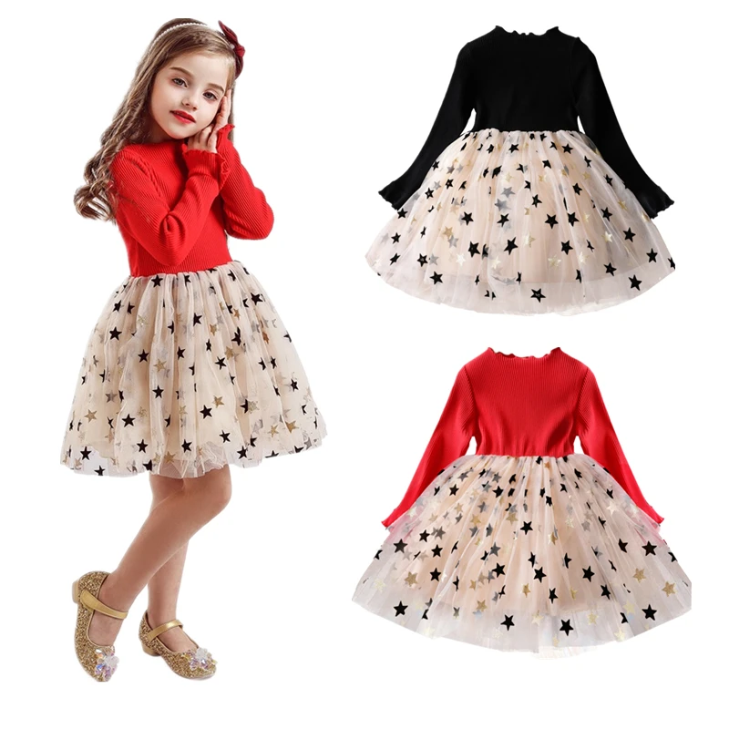 

New Year Children's Clothing Red Christmas Girls Dress Sequined Stars Mesh Party Princess Dress Daily Girls Clothes Casual Wear