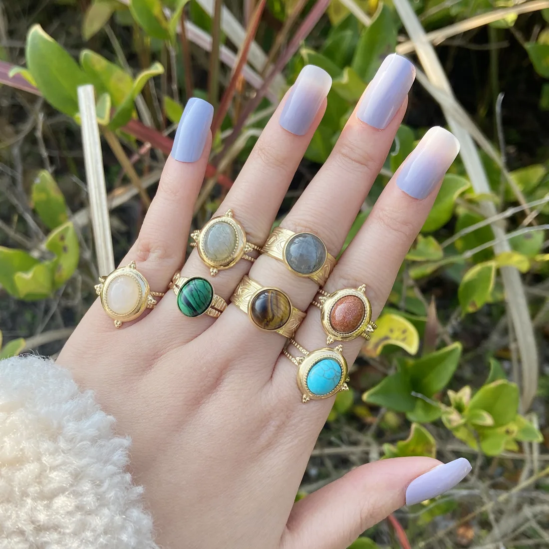 

Vintage Personality Stainless Steel Natural Stone Ring For Women Europen And America Style Fashion Hand Ornament Jewelry Gift