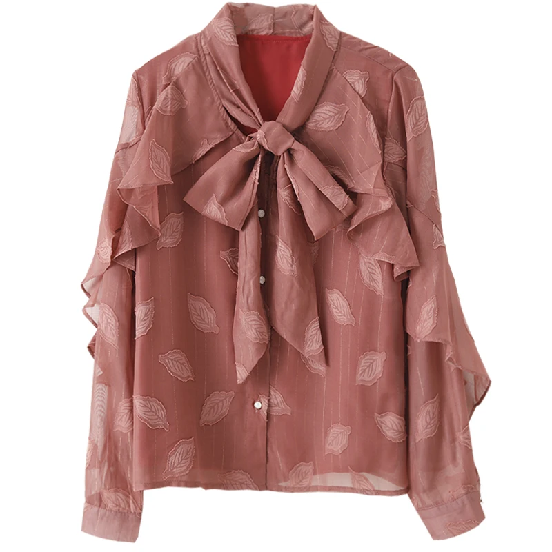 

2021 Spring Fashion Design Women Shirts Bow Neck Solid Printed Ruffles Sleeved Loose Elegant Office Lady Outwear Tops