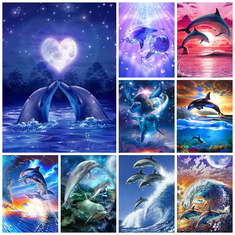 

Round Diamond Embroidery Dolphin Cross Stitch 5d Diamond Painting Kits Mosaic Animals Sale Rhinestones Art Handwork Gift