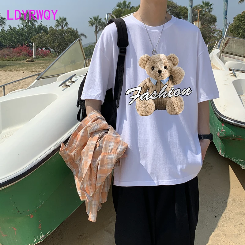 

LDYRWQY 2021 летняя японская и Южная Корея Новая модная Свободная Повседневная универсальная мужская футболка из полиэстера с круглым вырезом и ...