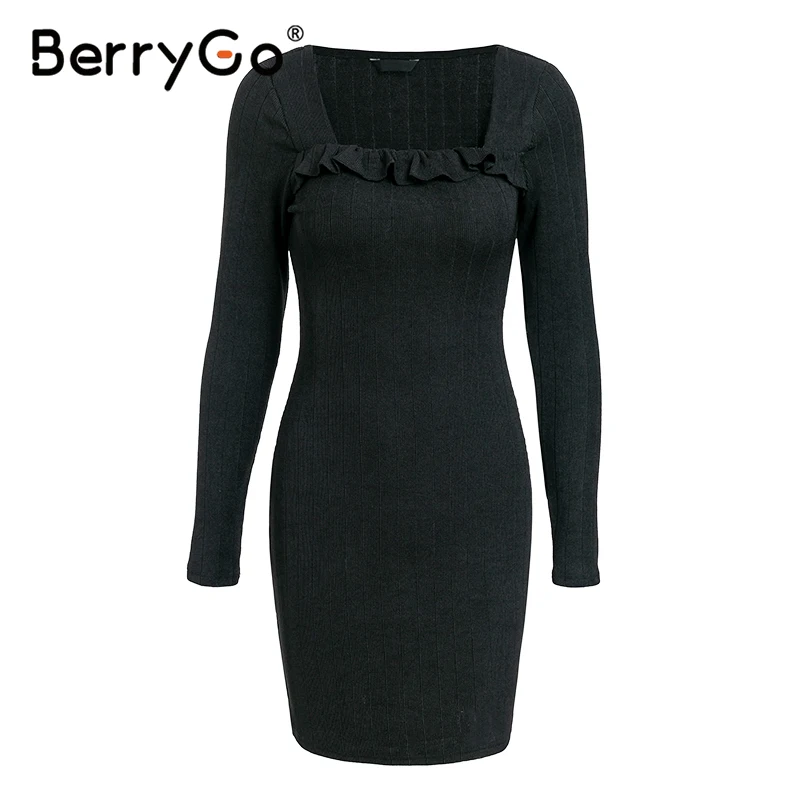 Женское винтажное трикотажное платье-свитер BerryGo облегающее черное платье с