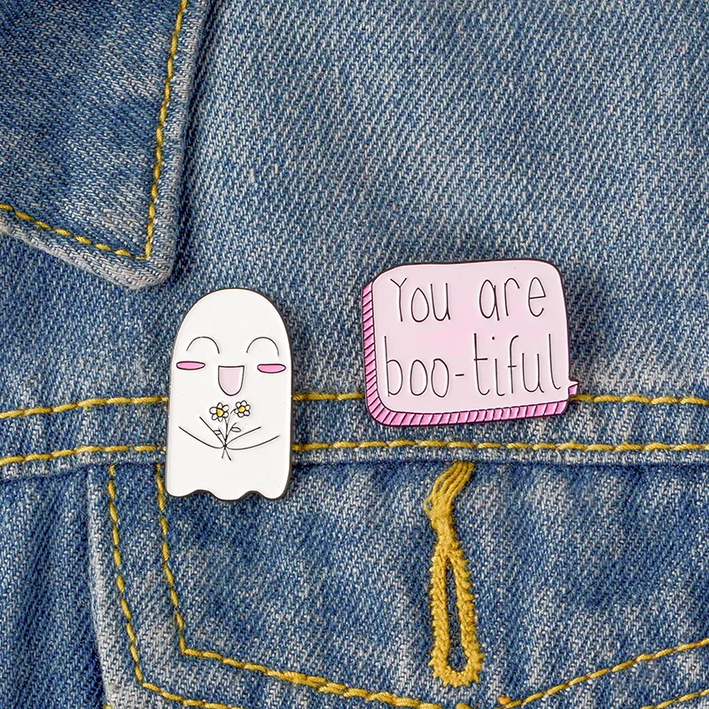 

Adorable Ghost boo-tiful Enamel Pins Badges Brooches Courtship Lapel pin Denim Shirt Collar Simple Pink Cartoon Love Jewelry Gif