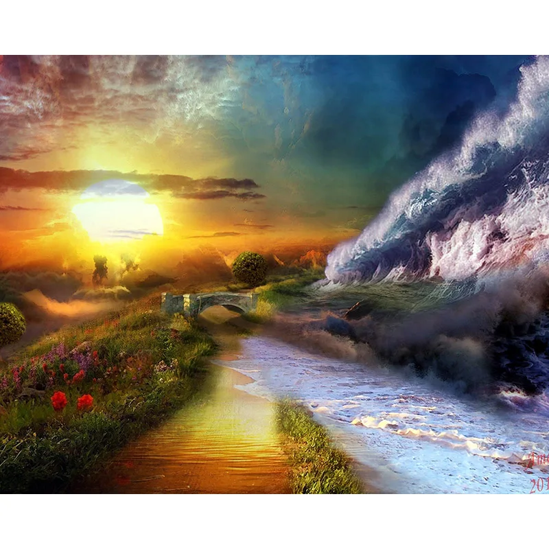 

5D DIY Diamond Embroidery Wave Village Sunset 3D Full Diamond Painting Scenery Cross Stitch Needlework Home Decor Round Drill