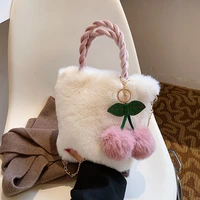 winter new ladies plush bag pure color casual handbag all match cherry pendant chain shoulder bag
