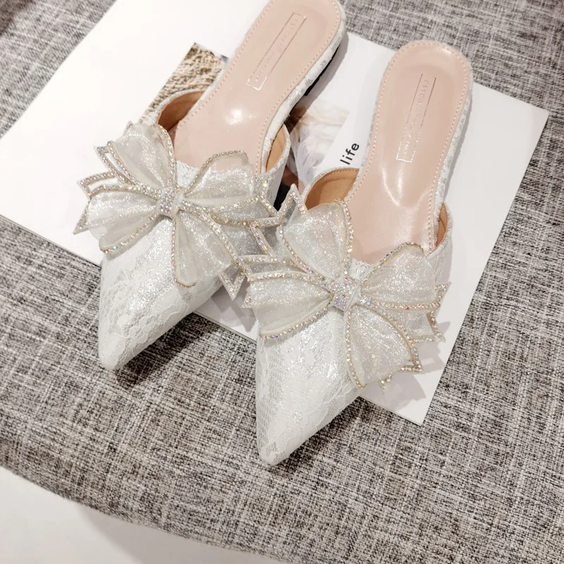 

Shoes Woman 2021 Slippers Soft Low Butterfly-Knot Pantofle Luxury Slides Lace Pointed Toe Comfort New Designer Flat Casual Butte