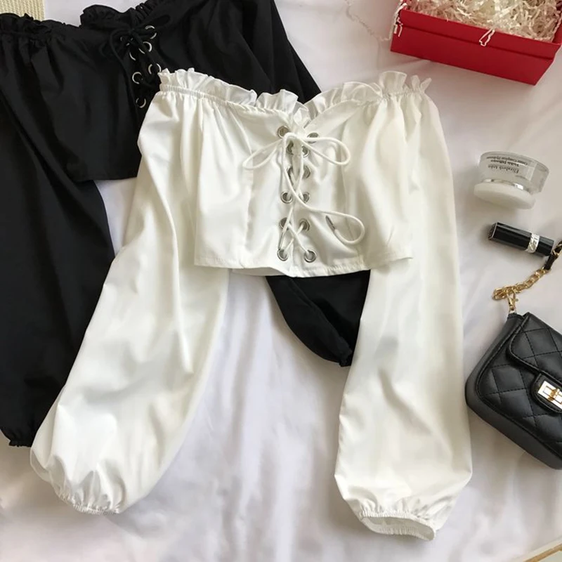 

Womens Shoulder Top Long Sleeve Ruffle Vintage Blouse With Puff Sleeves Lace Up Ladies Tops Bandage Crop Tops Black White