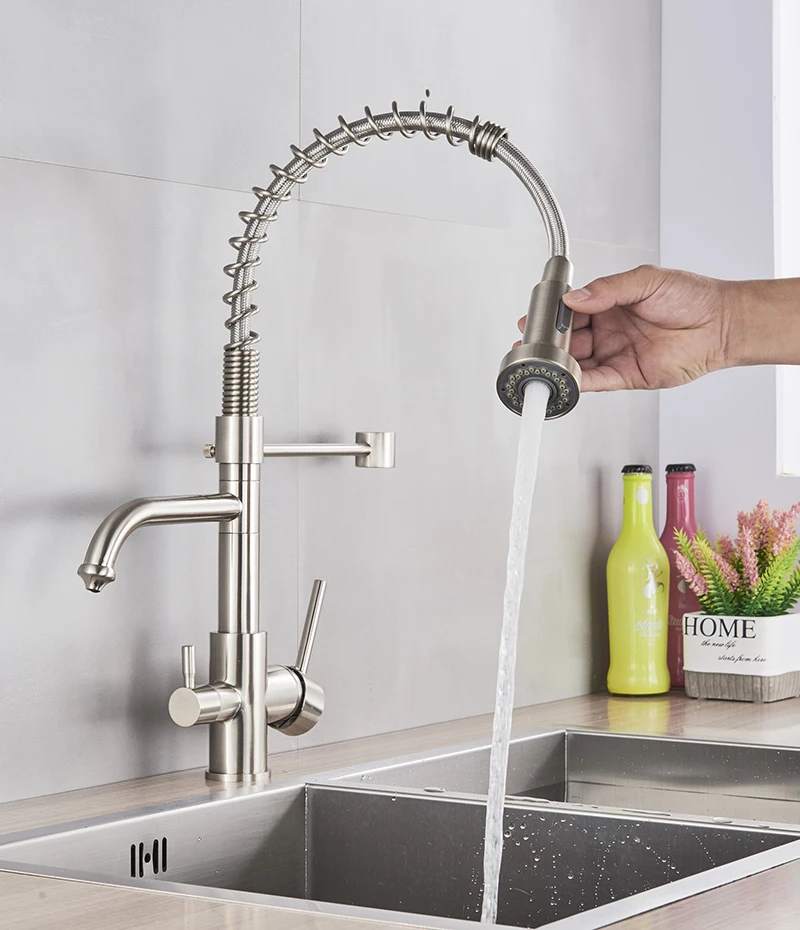 Хромированные краны с водяным фильтром, смесители для кухни, двойная ручка, смеситель на бортике, кран с поворотом на 360 градусов, функция очистки воды, кран